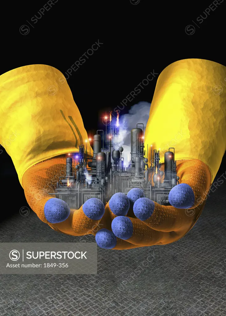 Gloved hands holding toxic factory