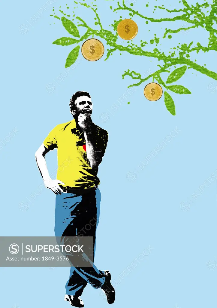 Man contemplating dollar coins growing on fruit tree