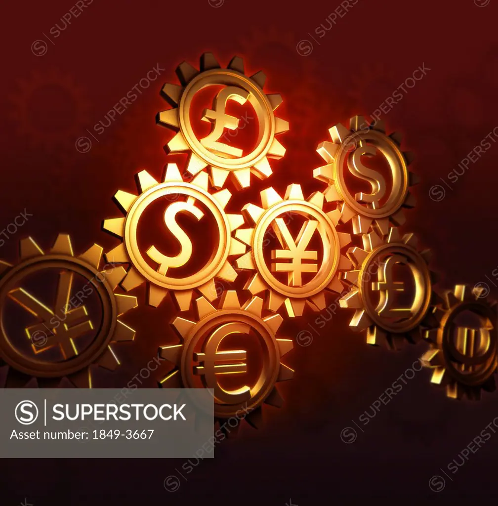 Connected cogs with currency symbols