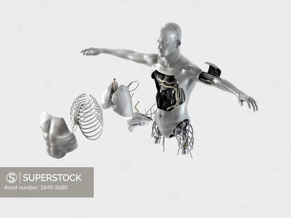 Male robot torso with internal organs and parts coming out