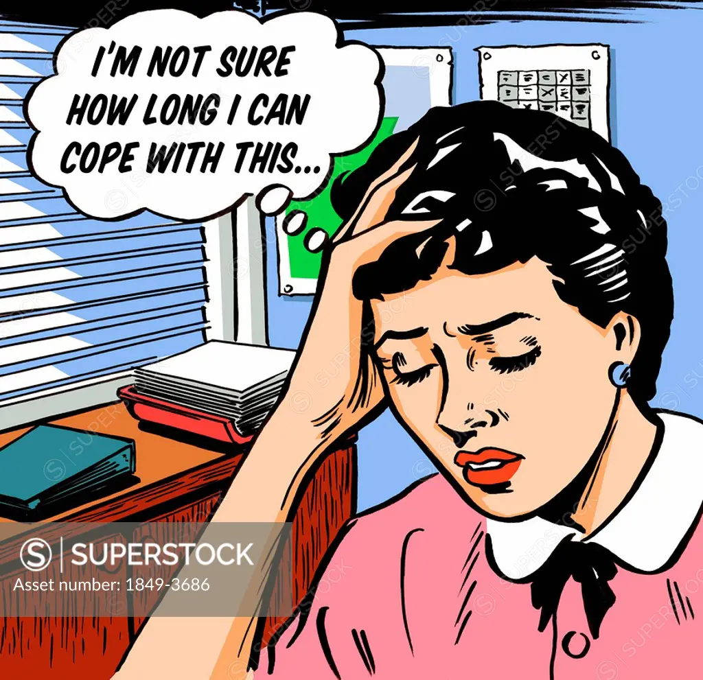 Frustrated businesswoman worrying in thought bubble