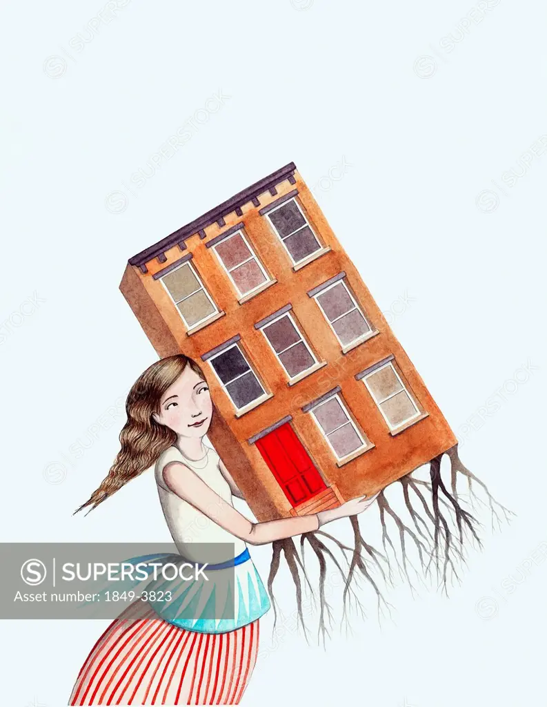 Woman carrying house with roots