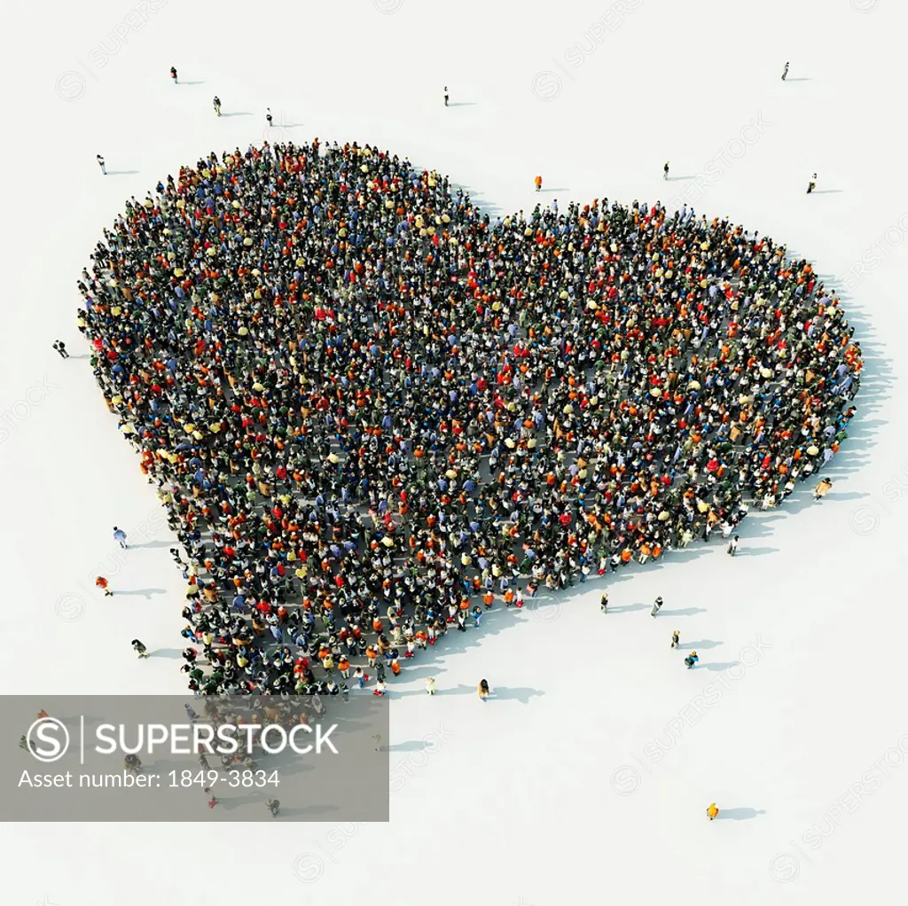 Aerial view of crowd of people arranged in heart