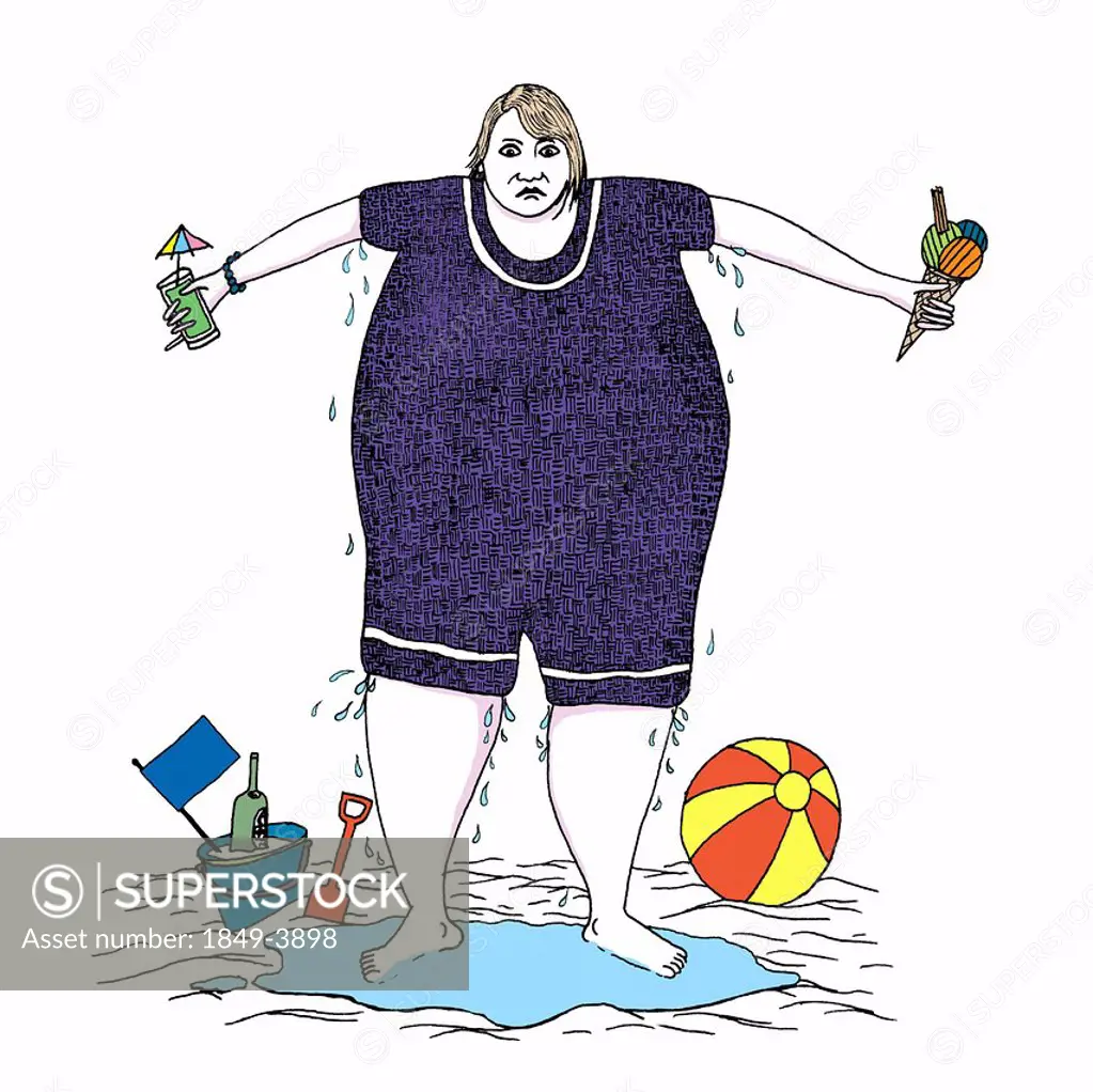 Overweight woman sweating in wet bathing suit on beach