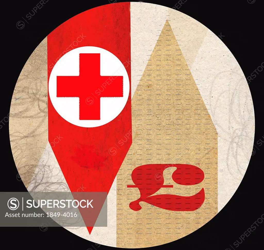 Red cross with British pound symbol on arrows