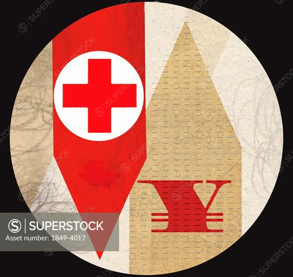Red cross with Yen symbol on arrows