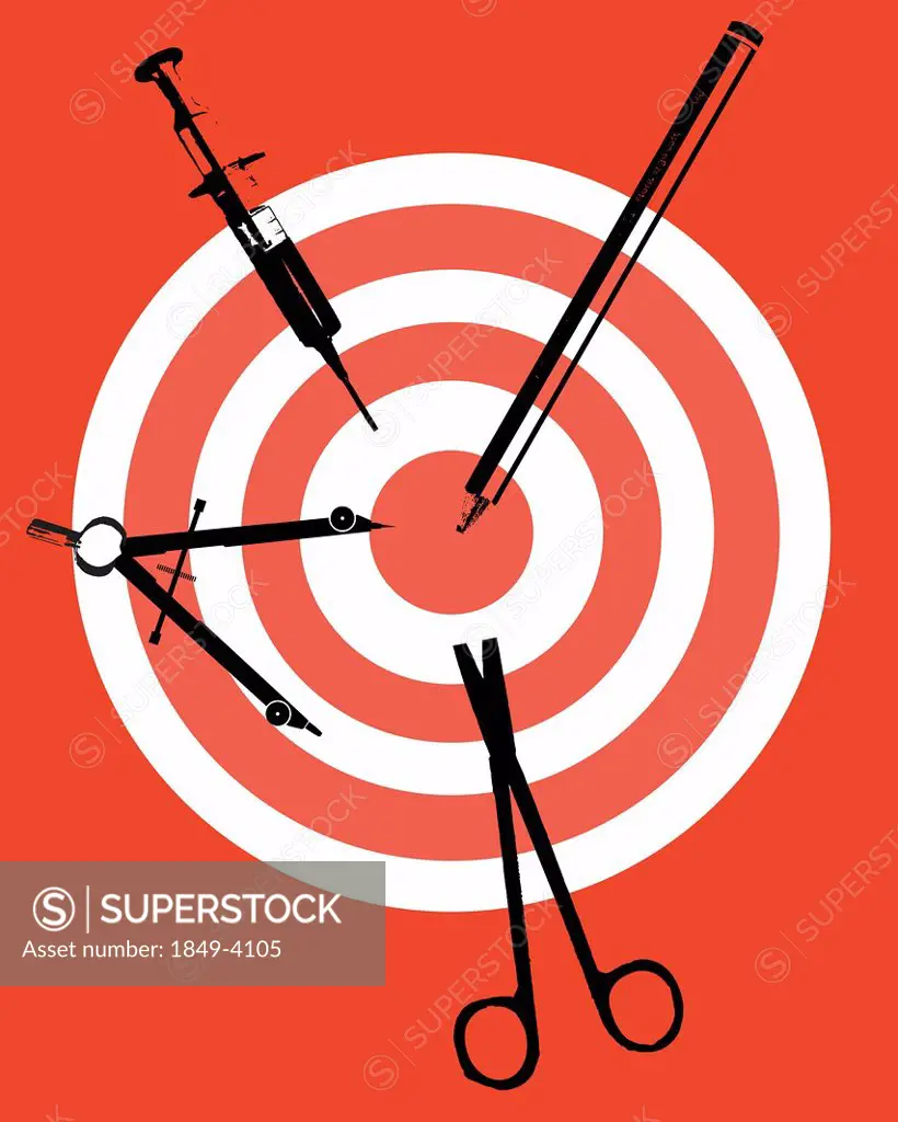 Syringe, scissors, pencil and protractor on target