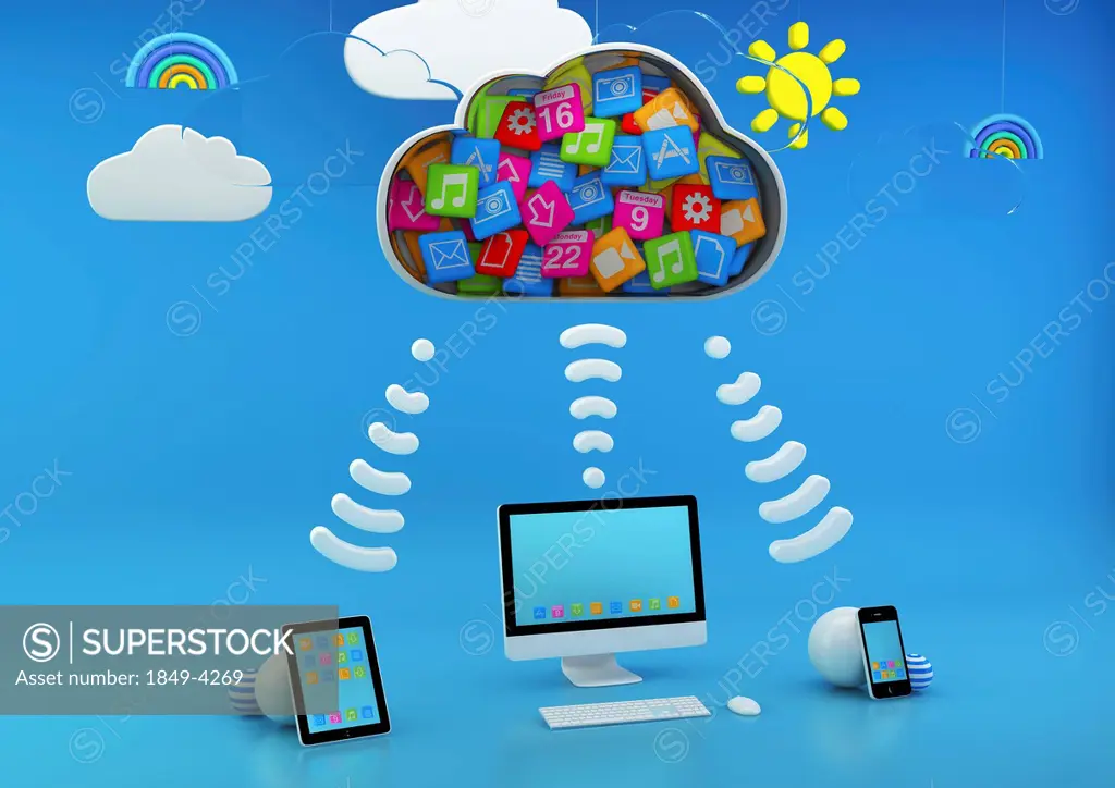 Computer and computer tablets connected via apps cloud