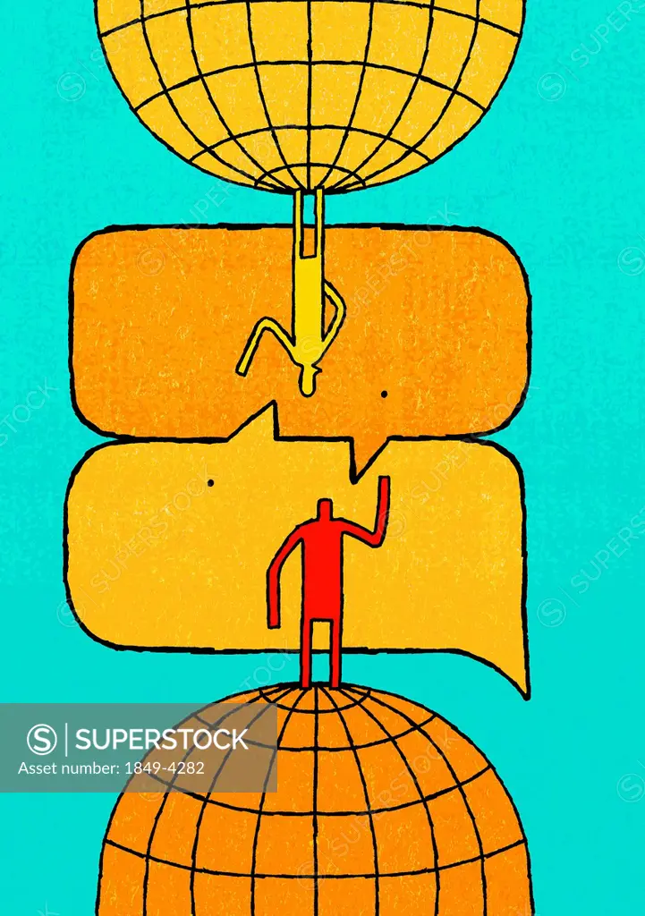 Anthropomorphic speech bubbles connecting man and woman on opposite globes