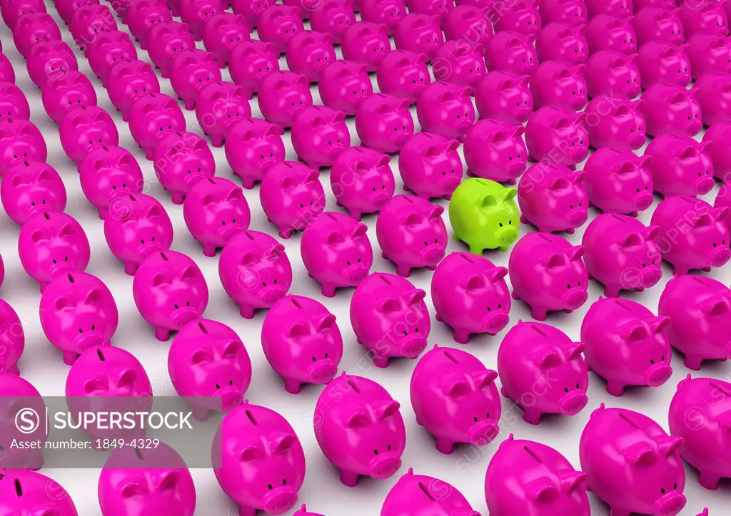 Rows of pink piggy banks with one green one standing out
