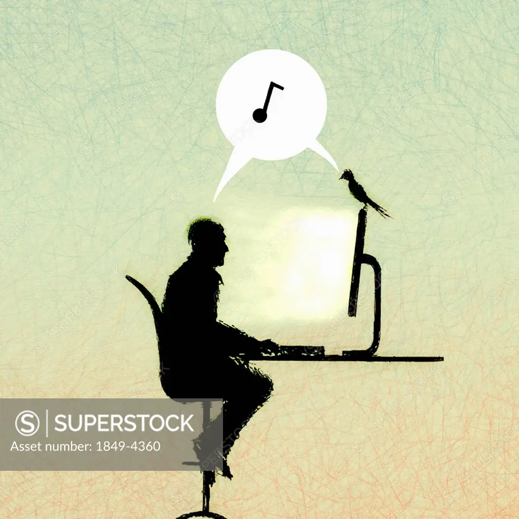 Music note in speech bubble between man and bird on computer