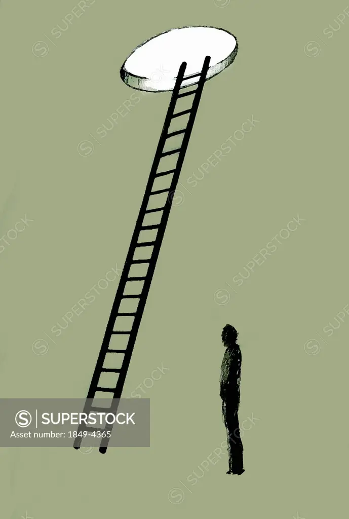 Man standing under ladder leading to opening