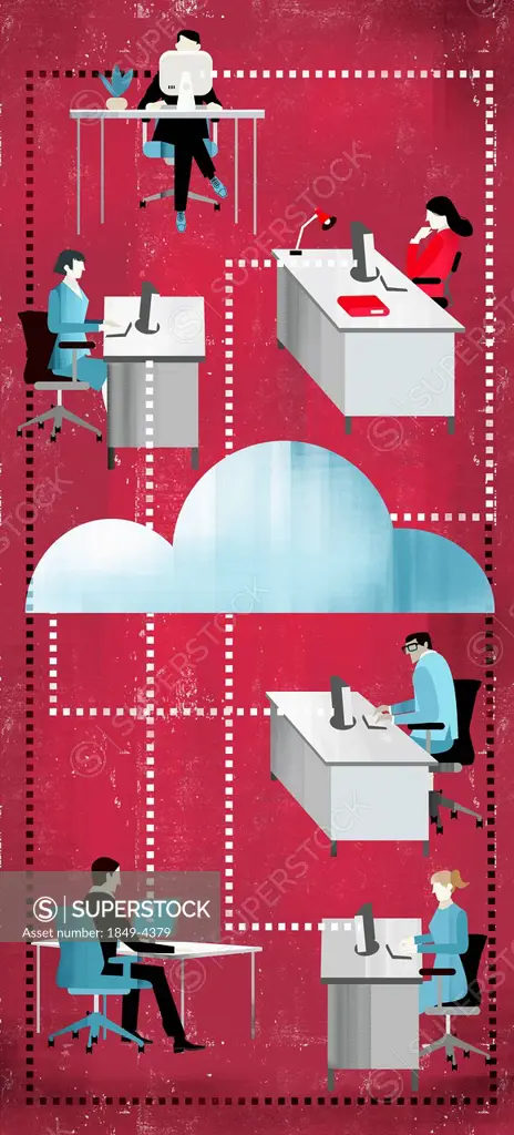 Business people cloud computing at desks