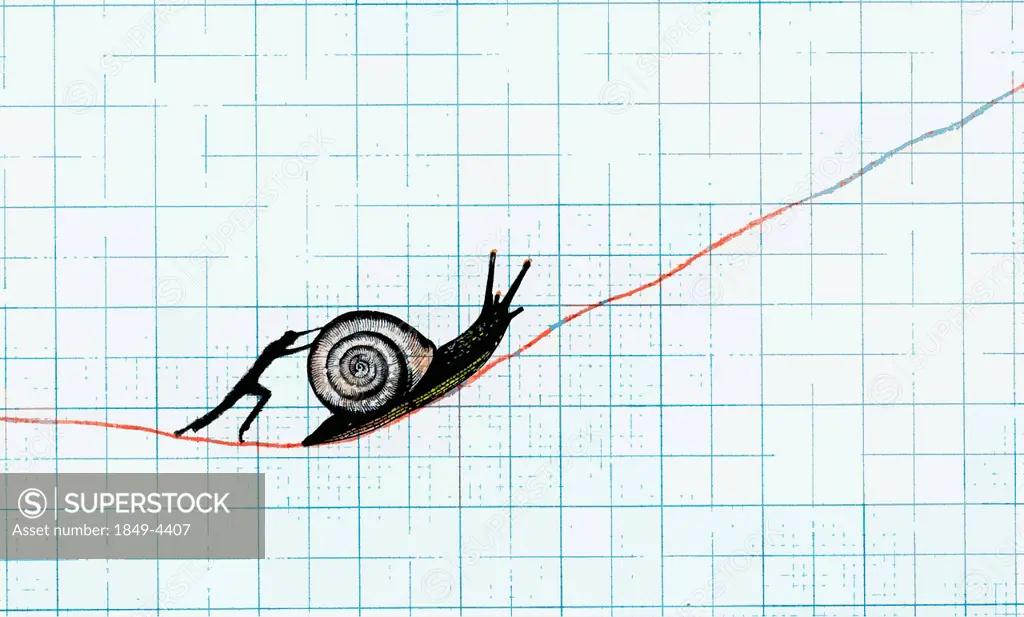Man pushing snail up slowly ascending line on graph