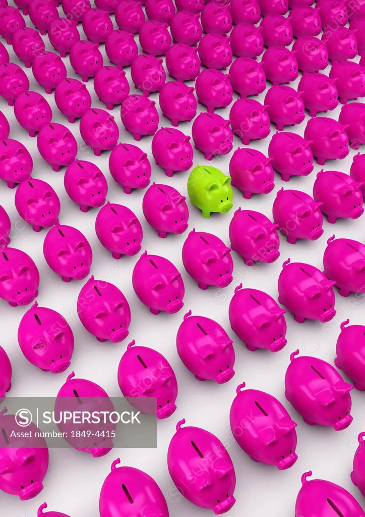 Rows of pink piggy banks with one green one standing out