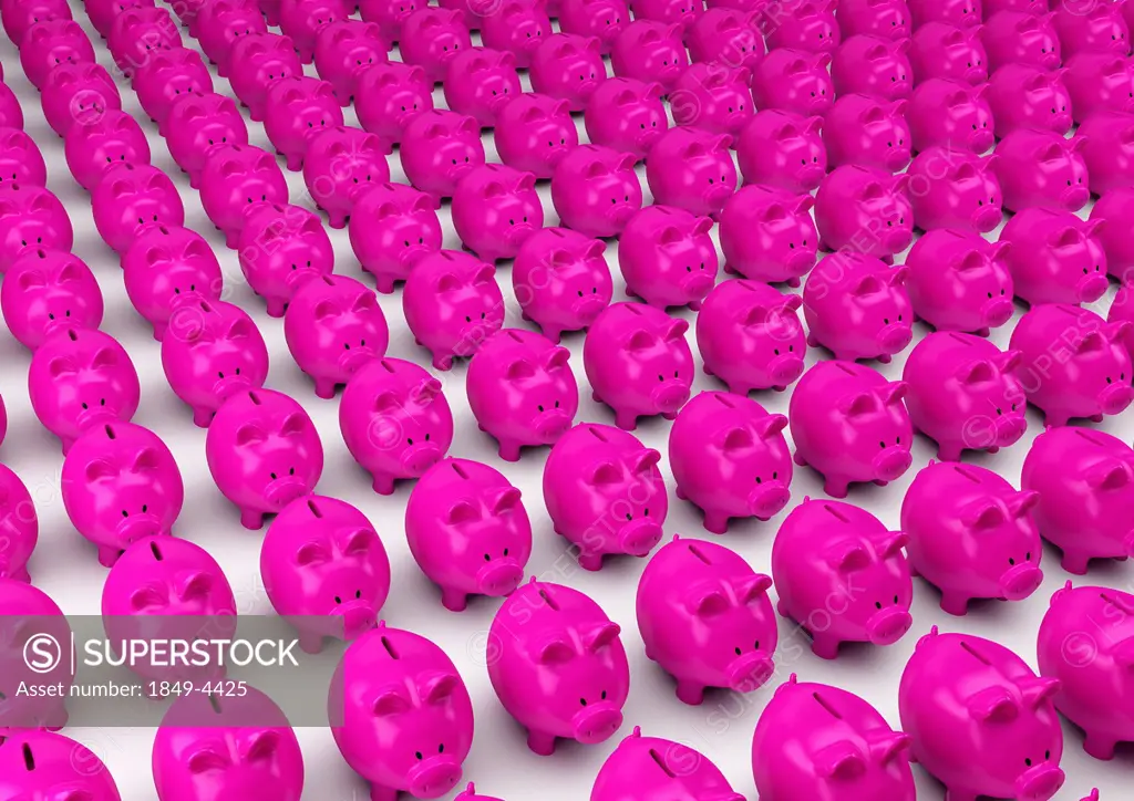 Large group of pink piggy banks in rows