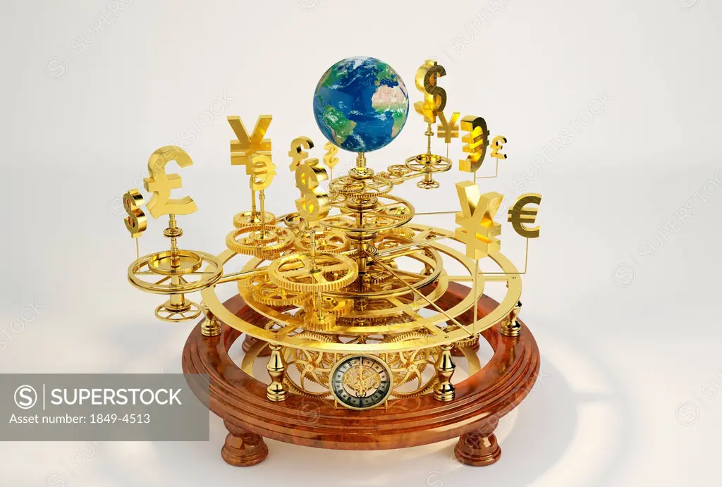 Gold international currency symbols on clockwork orrery around globe