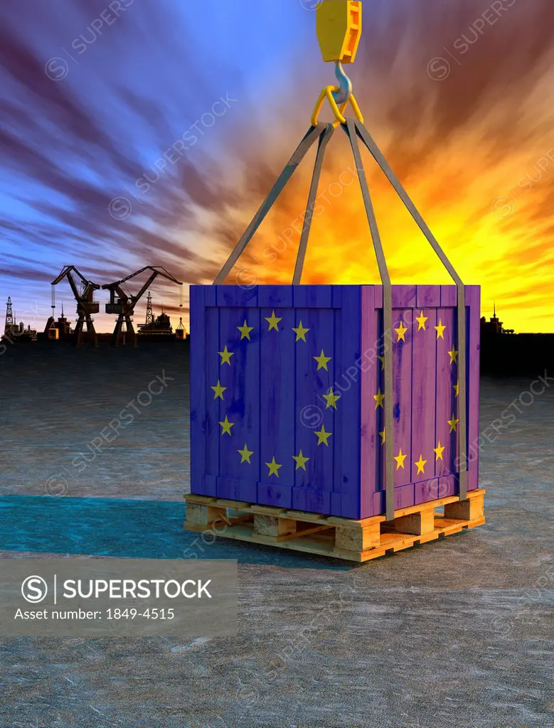 Crane lifting crate painted with European Union flag