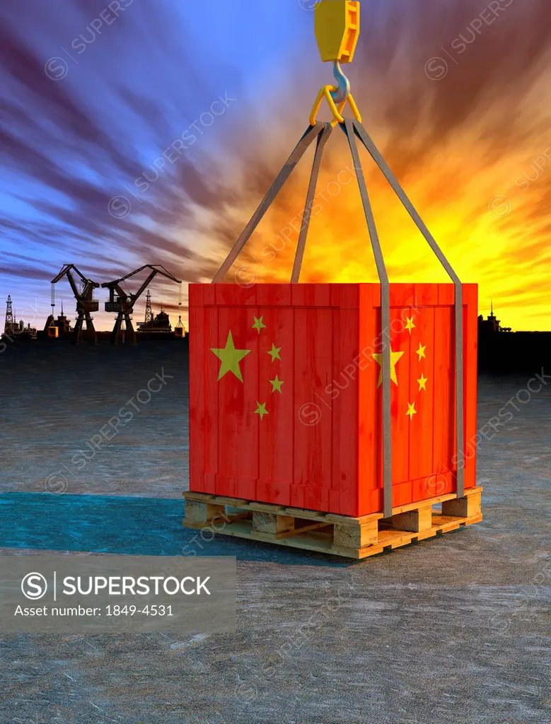 Crane lifting crate painted with Chinese flag