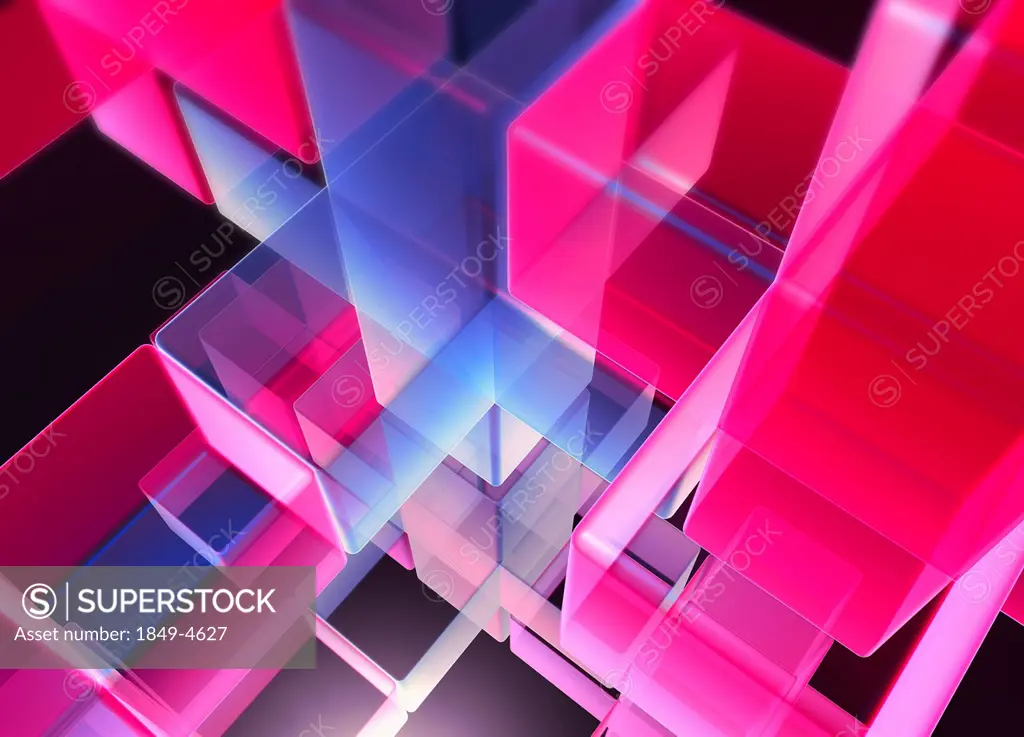 Abstract pattern of digitally generated multi_layered transparent pink and blue cubes