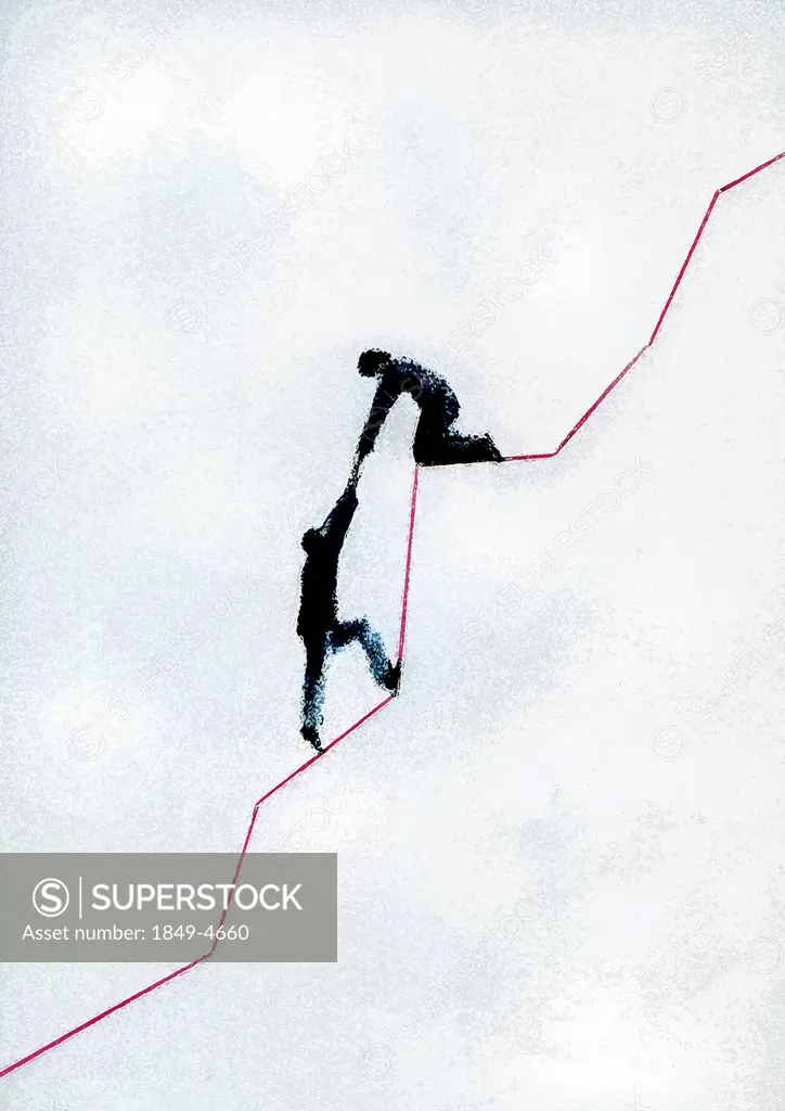 Colleague helping businessman climb up rising red line graph
