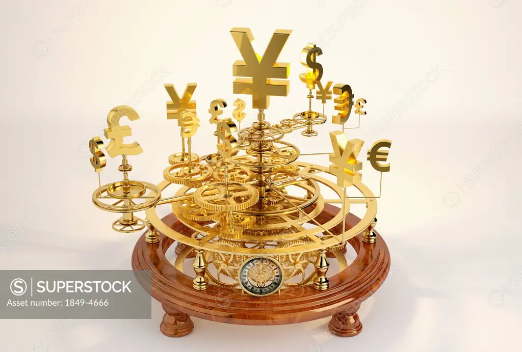 Gold international currency symbols on clockwork orrery