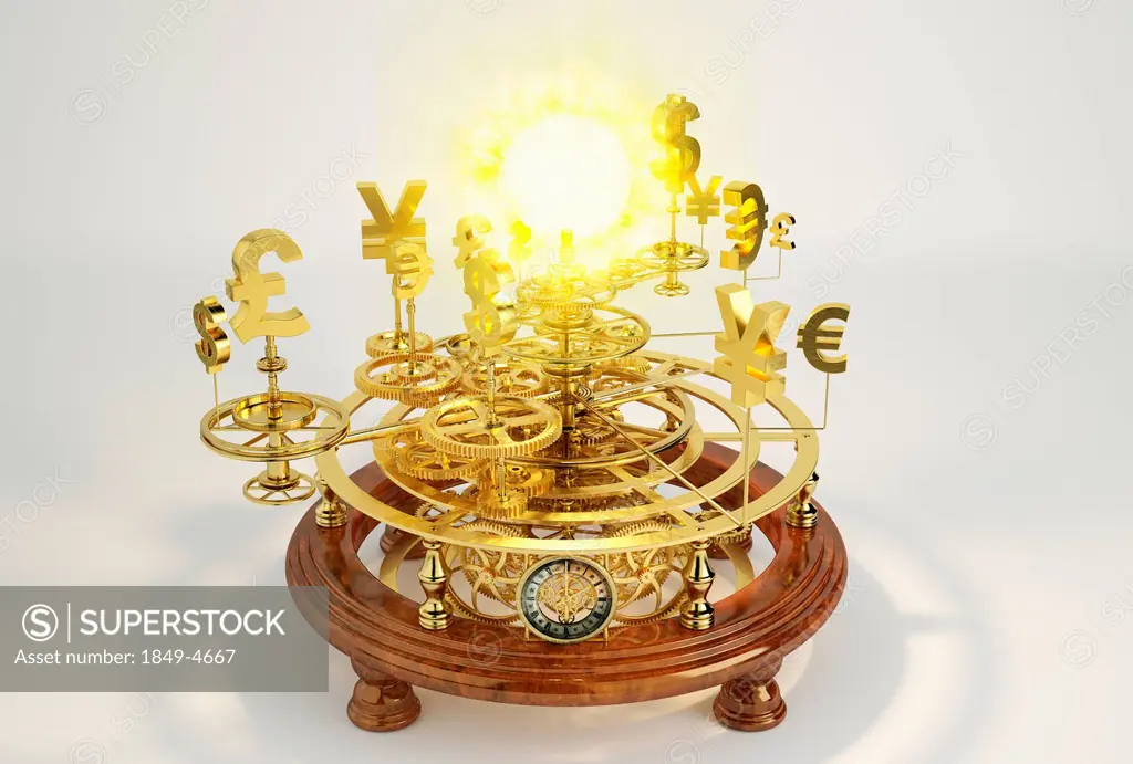 Gold international currency symbols on clockwork orrery around sun
