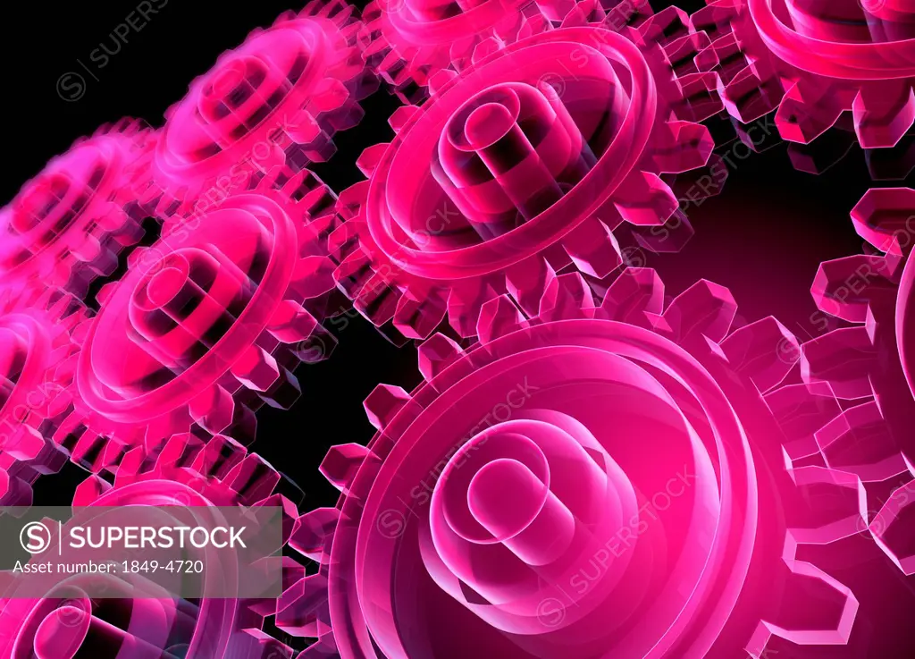 Digitally generated pink glowing interconnected transparent cogs and gears