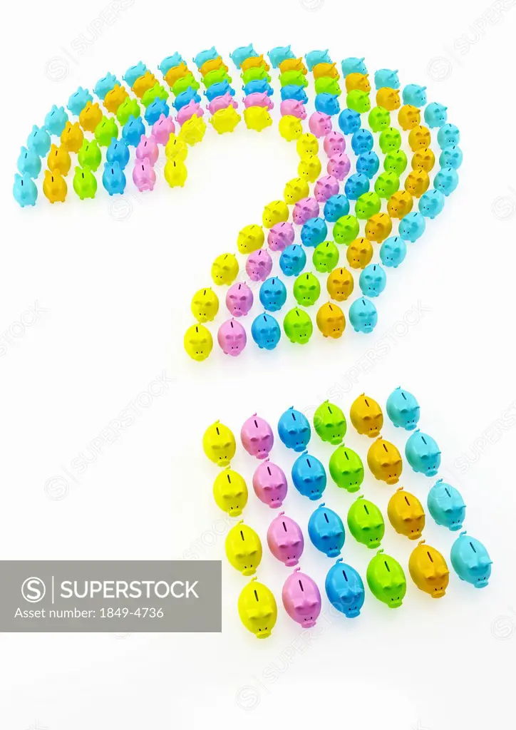 Multicolor piggy banks forming question mark on white background