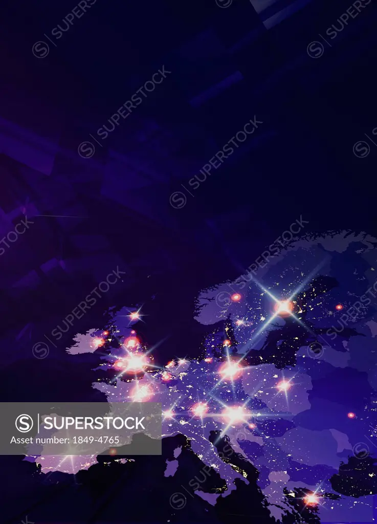 Lights shining on futuristic map of Europe