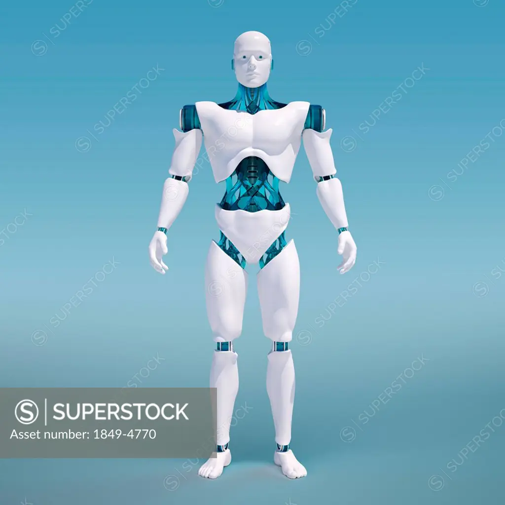 Portrait of white android on blue background