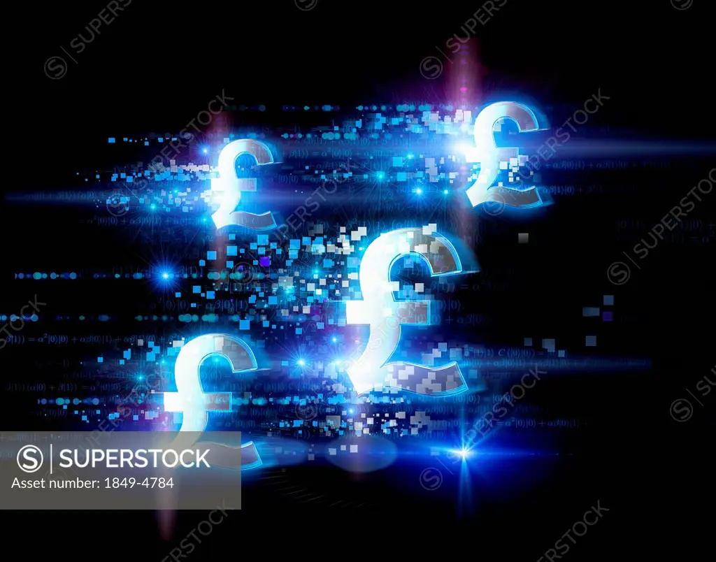 Bright illuminated British pound signs and pixels on black background