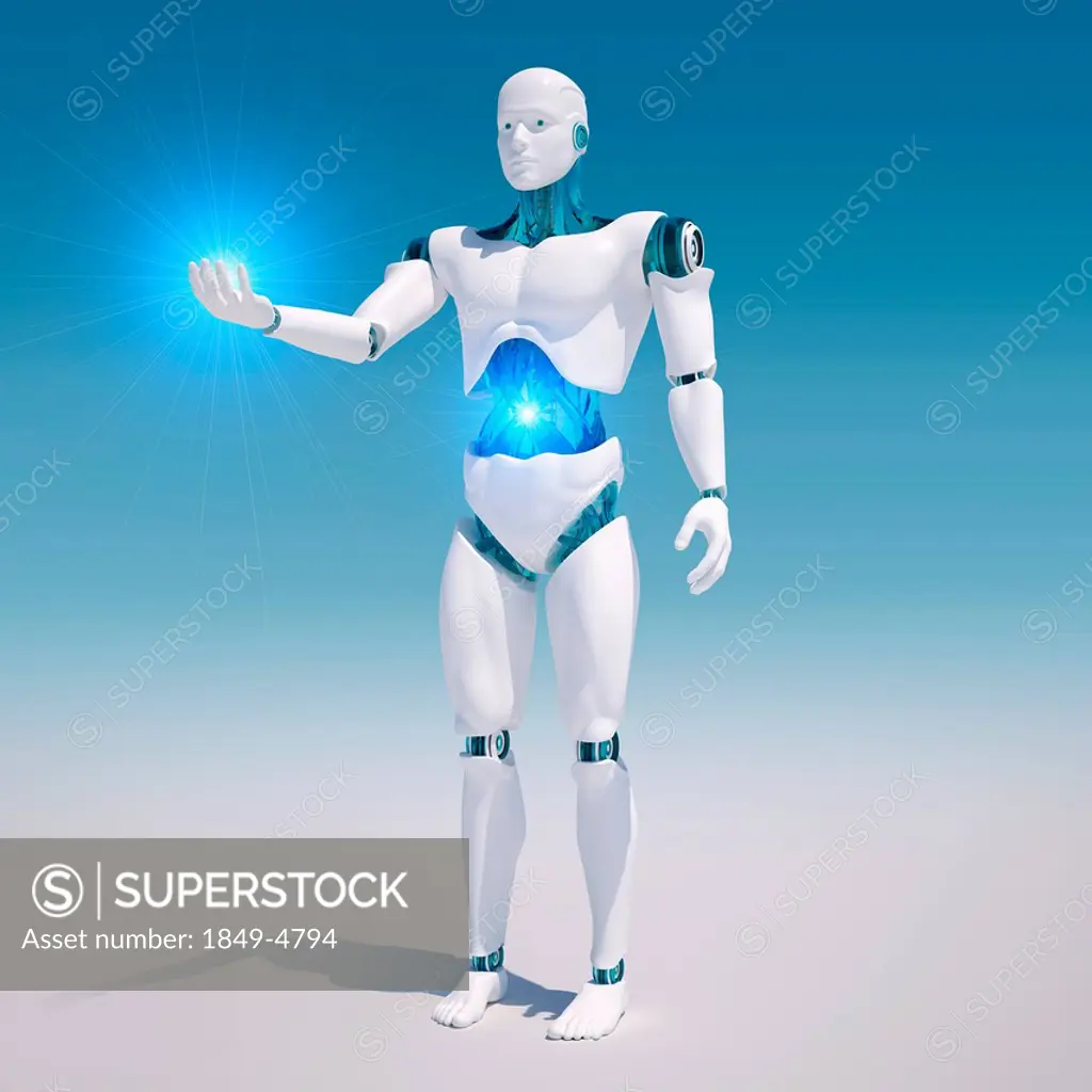 White android with illuminated stomach holding light