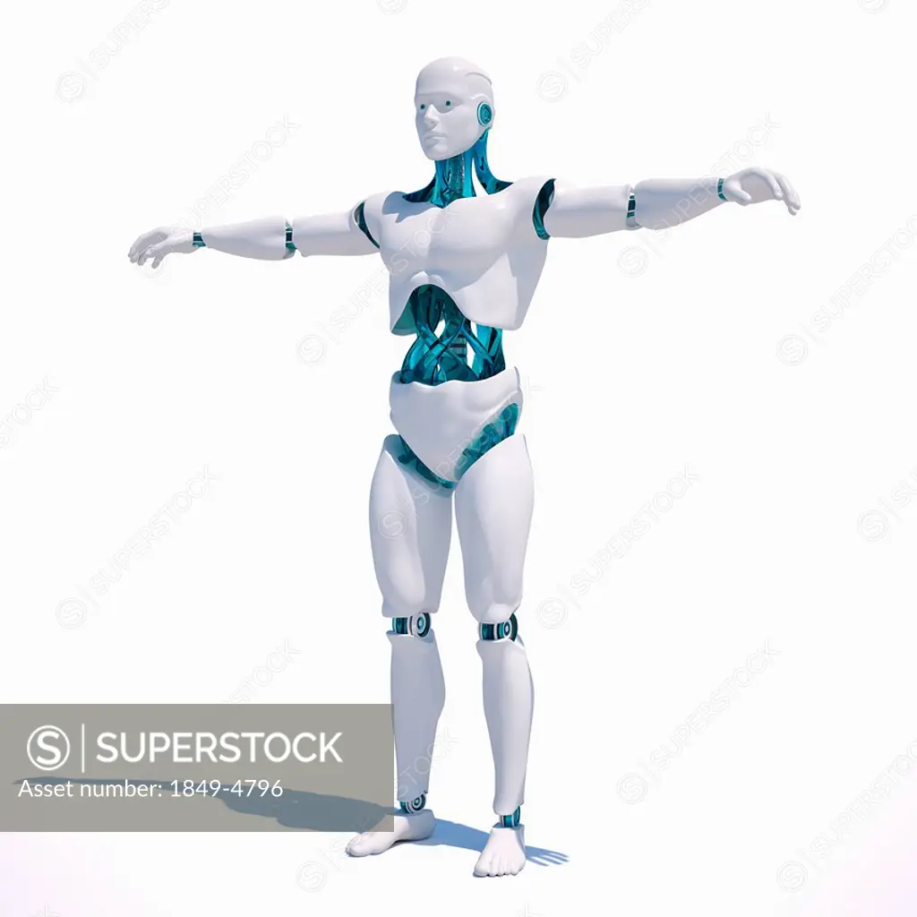 White android standing with arms outstretched on white background