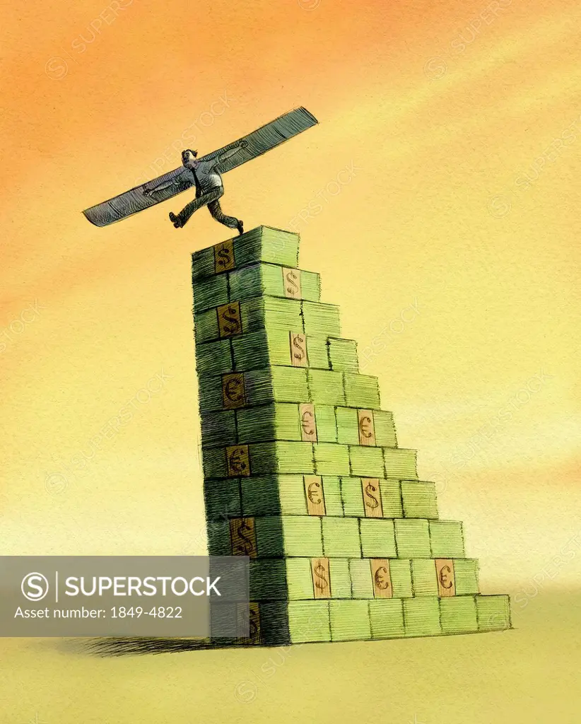 Businessman with wings stepping off stack of money