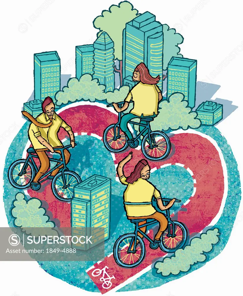 People riding on heart_shape path through city