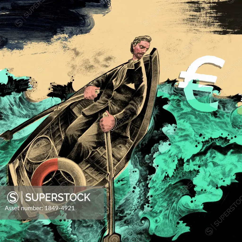 Man rowing boat in stormy ocean to rescue euro sign