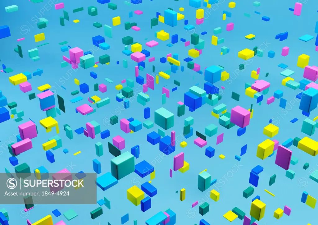 Abstract floating multicolor cubes on blue background