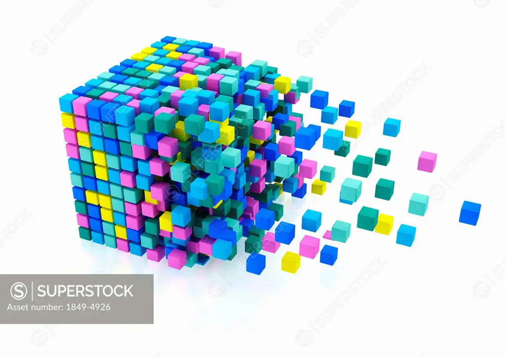 Small multicolored blocks assembling in large cube shape on white background