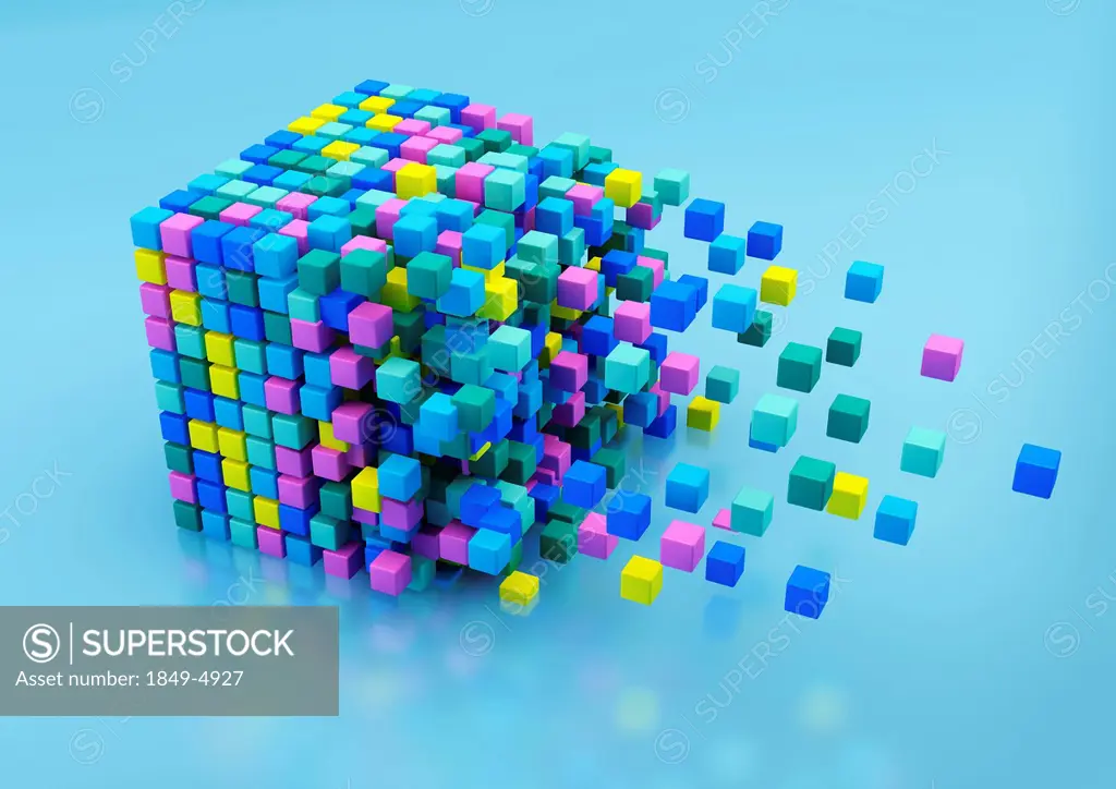 Small multicolored blocks assembling in large cube shape on blue background