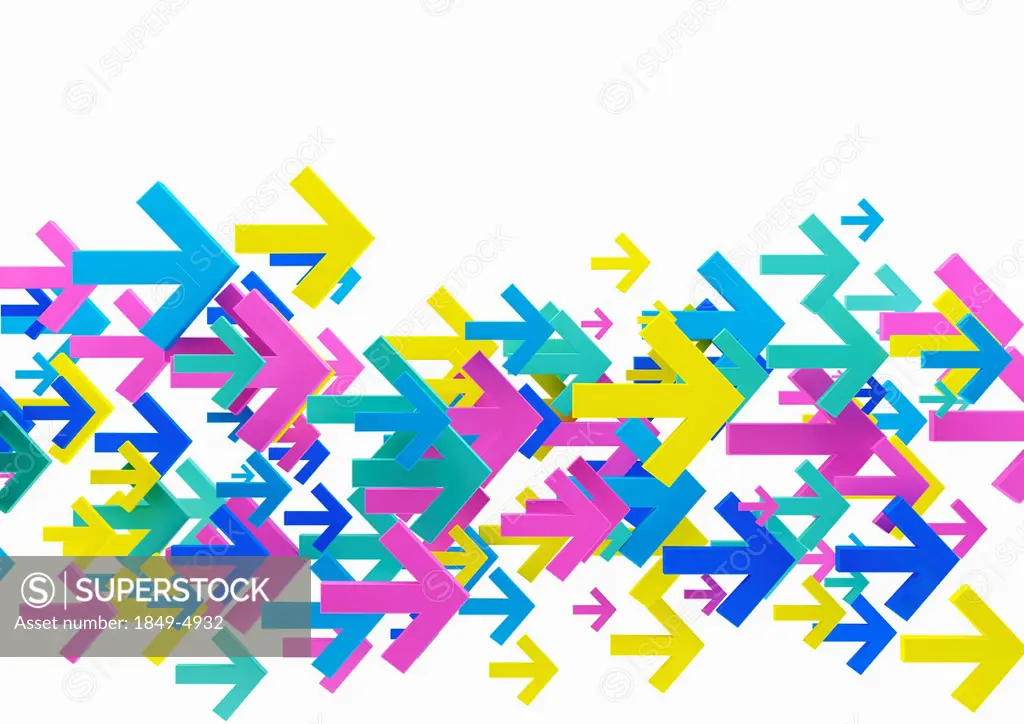Cluster of multicolored arrows on white background