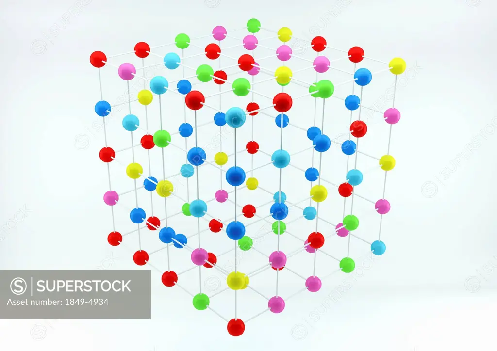 Grid arrangement of multicolored balls in cube shape on white background