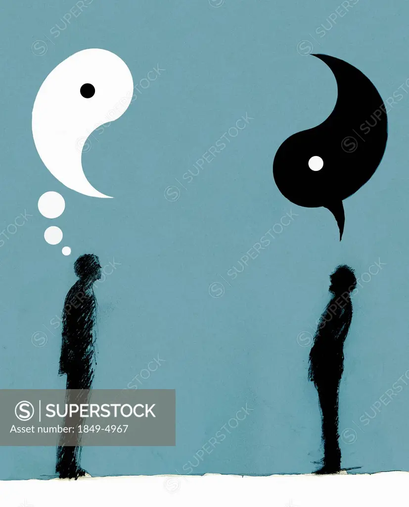 Businessmen with yin and yang speech and thought bubbles overhead