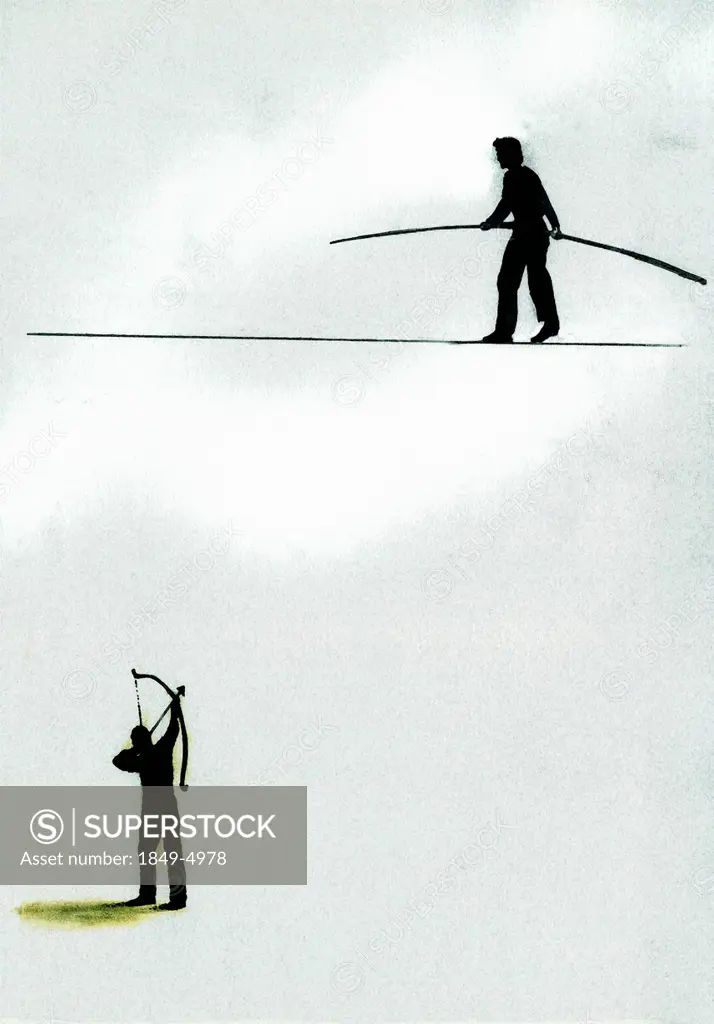 Man aiming bow and arrow at man on tightrope