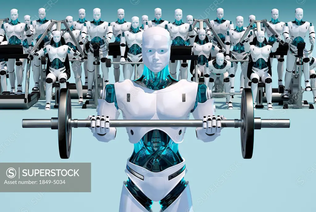 White android holding barbell with androids working out in background