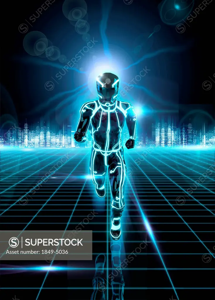 Glowing android running on grid from futuristic city