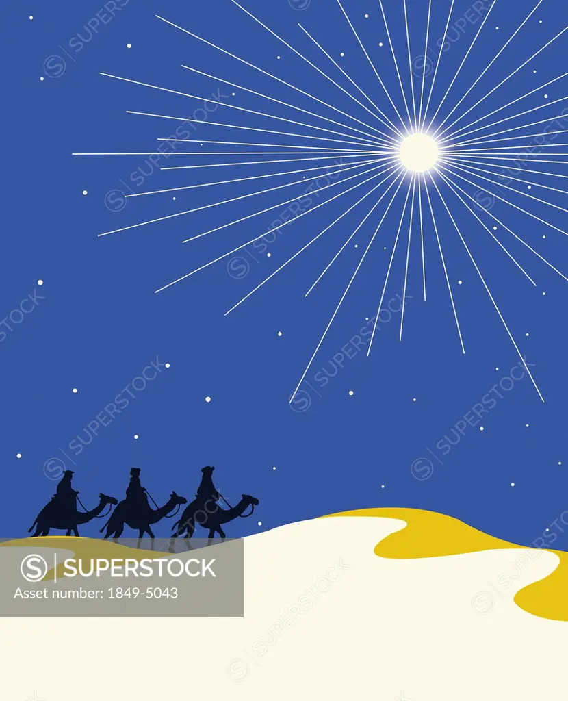 Christmas star shining above three wise men on camels