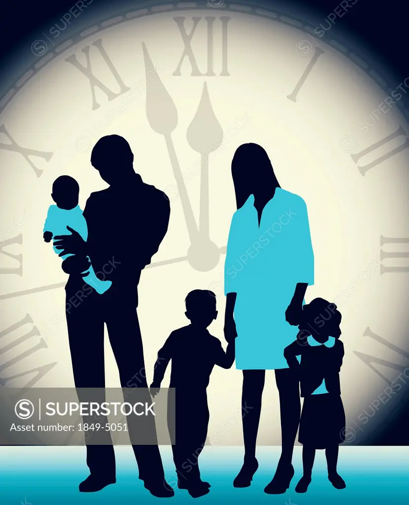Large clock behind family