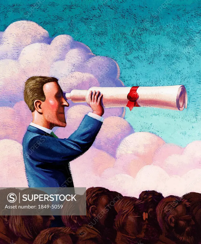 Businessman with diploma telescope standing above the crowd