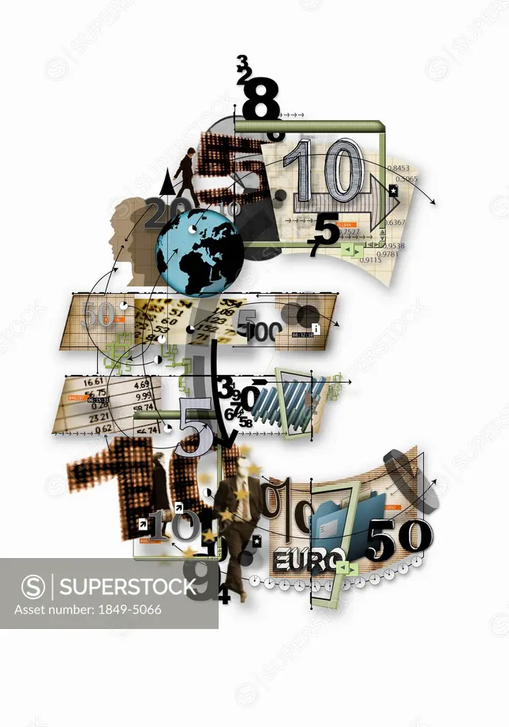 Collage of numbers and finance images forming euro sign